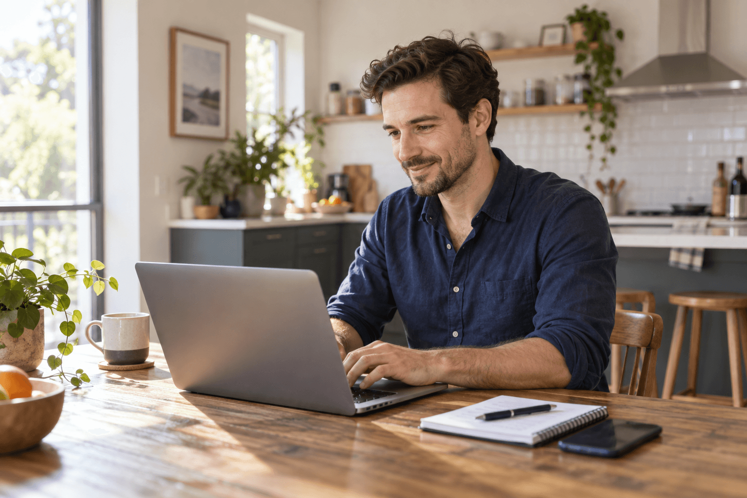 A solo business owner working on his laptop at his kitchen table